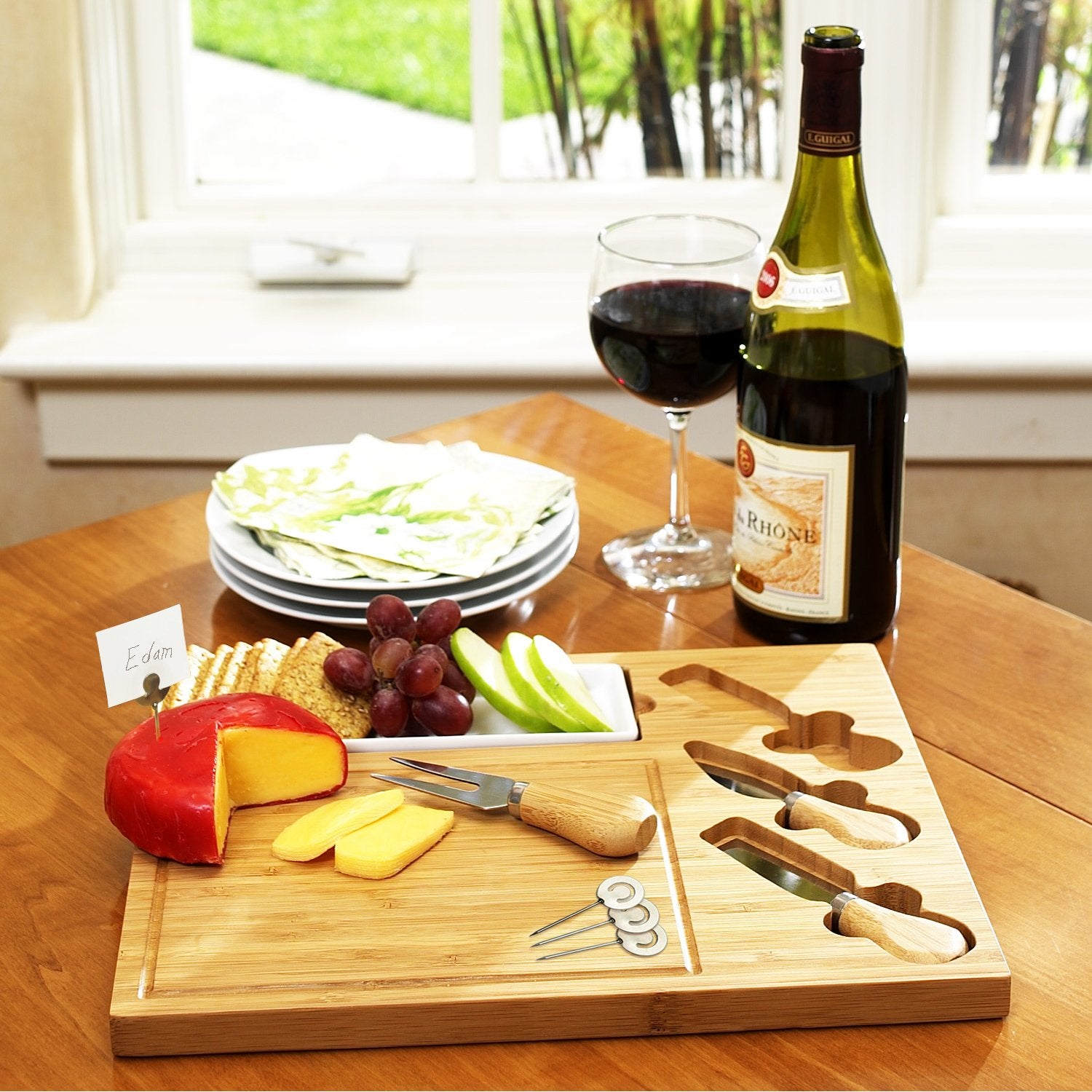 Picnic at Ascot Personalized Monogrammed Engraved Bamboo Cutting Board for Cheese & Charcuterie Platter- includes Knives, Ceramic Dish, & Cheese - WoodArtSupply