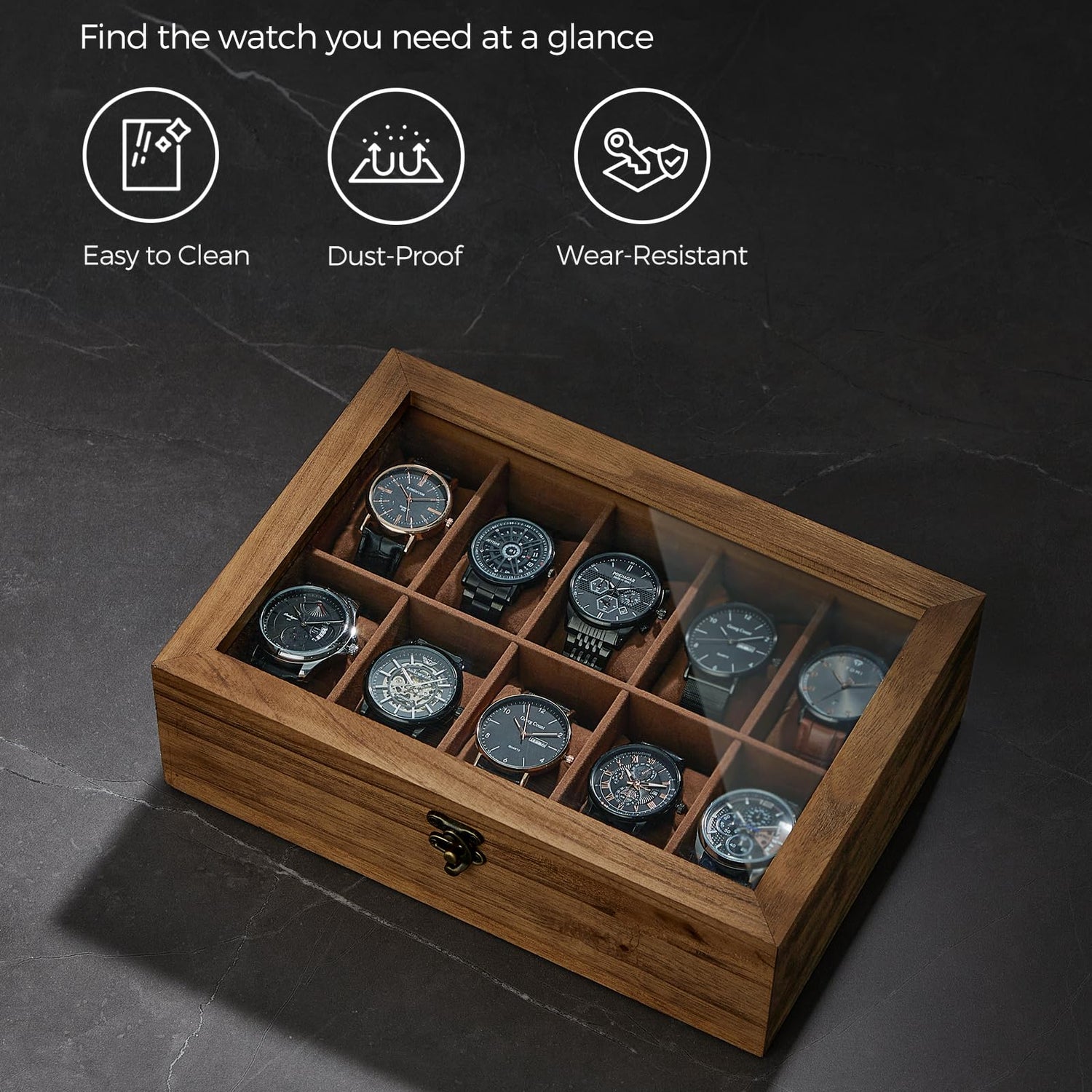 SONGMICS Watch Box, 10-Slot Watch Case, Solid Wood Watch Box Organizer with Large Glass Lid, Watch Display Case with Removable Pillows, Gift for SONGMICS