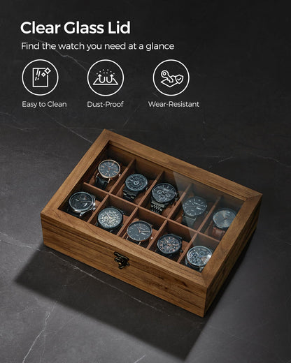 SONGMICS Watch Box, 10-Slot Watch Case, Solid Wood Watch Box Organizer with Large Glass Lid, Watch Display Case with Removable Pillows, Gift for