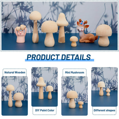 15 Pieces Unfinished Wooden Mushroom for Crafts Natural Wooden Mushrooms to Paint Mini Mushroom Various Sizes Wood Mushroom Decor for Arts and Crafts