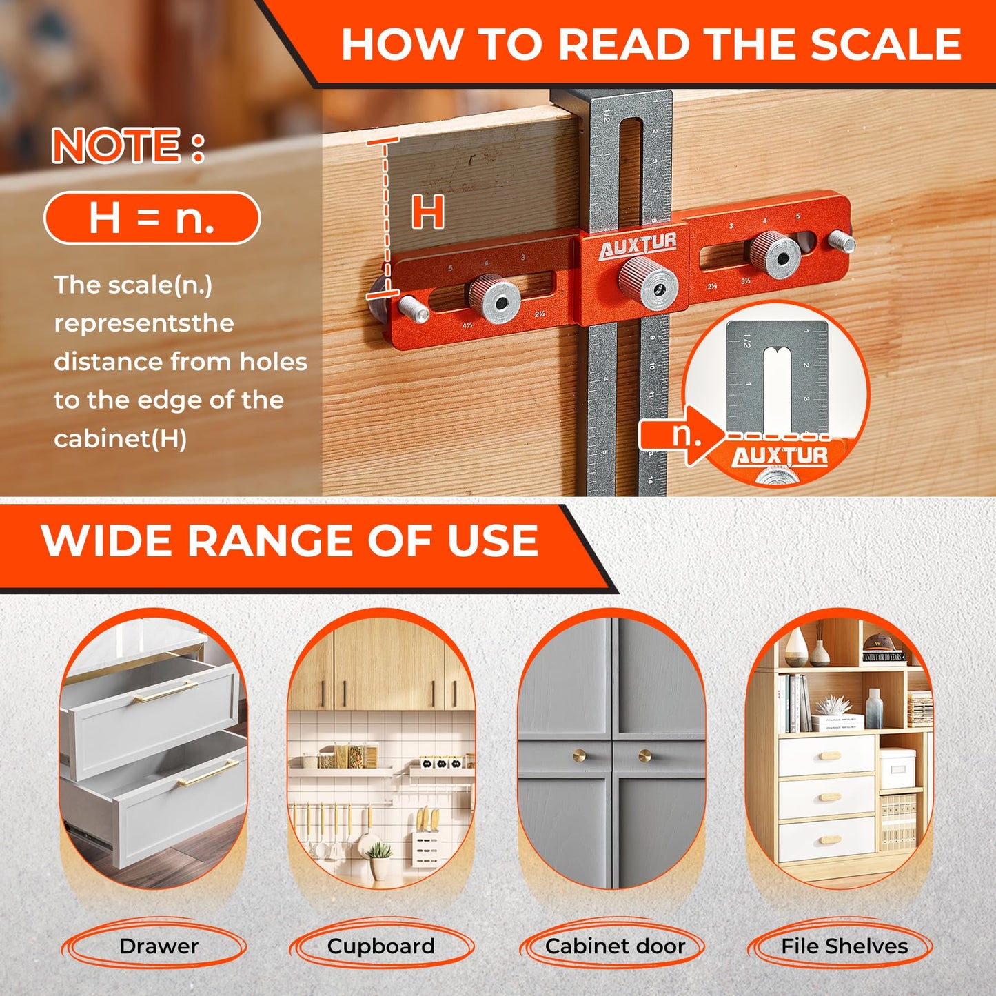 AUXTUR Cabinet Hardware Jig, Adjustable Cabinet Handle Template Tool with Alignment Hole, Punch Locator Drill Guide for Knobs,Handles and Pulls, - WoodArtSupply