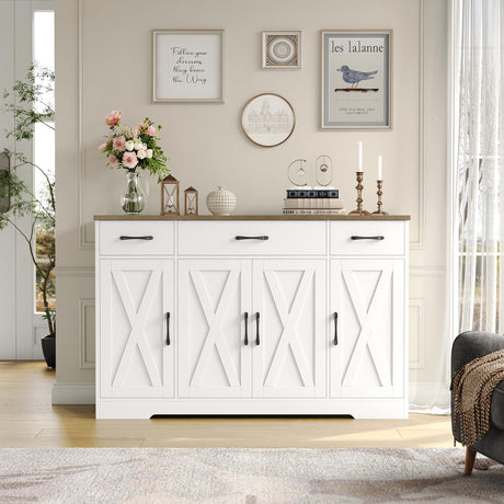 HOSTACK Buffet Cabinet with Drawers, 55" Large Sideboard Buffet Storage Cabinet with Shelves & 4 Doors, Modern Farmhouse Coffee Bar Cabinet Wood HOSTACK