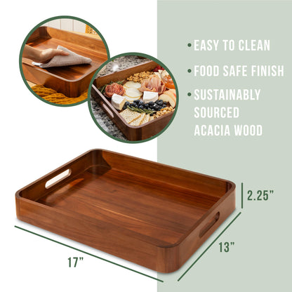 Acacia Wooden Serving Trays with Handles for Eating, Appetizers, Food, Snacks, or Home Decor, Large Wood Bed Tray or TV Tray, Decorative Ottoman or