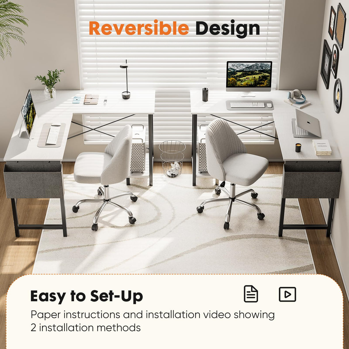 Sweetcrispy L Shaped Computer Desk - Gaming Table Corner Desk 50 Inch PC White Writing Desk Study Desks with Wooden Desktop CPU Stand Side Bag Sweetcrispy