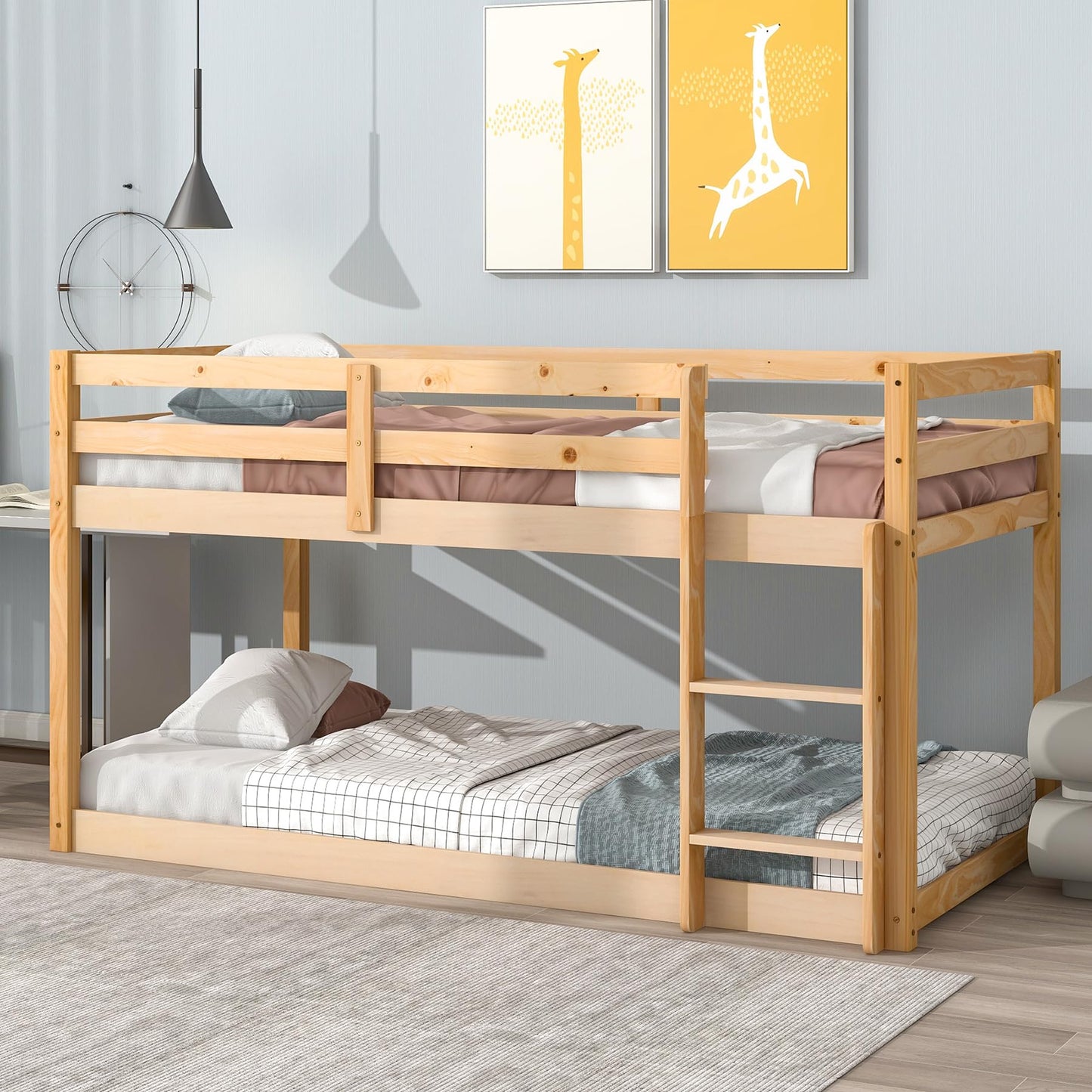 CNANXU Twin Low Bunk Bed - Space-Saving Wood Loft Bed for Kids with Ladder and Full Length Guardrail