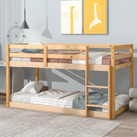 CNANXU Twin Low Bunk Bed - Space-Saving Wood Loft Bed for Kids with Ladder and Full Length Guardrail - WoodArtSupply