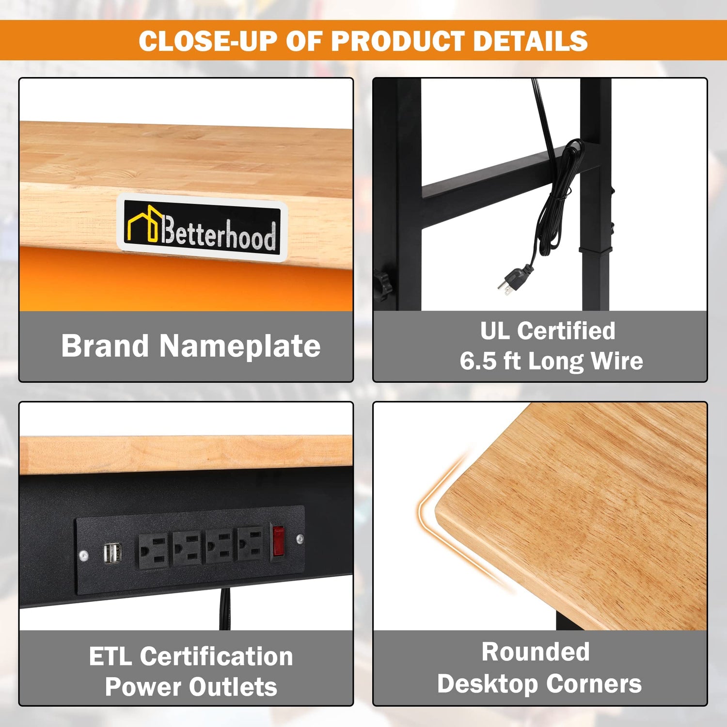 Betterhood 60" Adjustable Workbench for Garage, Rubber Wood Heavy Duty Workstation with Power Outlets & Wheels, 2000 LBS Load Capacity Hardwood Betterhood