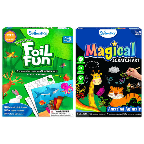 Skillmatics Foil Fun & Magical Scratch Art Book with Animals Theme Bundle, Art & Craft Kits, DIY Activities for Kids Skillmatics