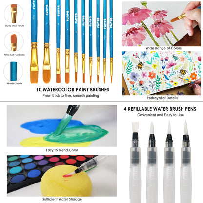 Funto Watercolor Set, 48 Color Paint Set, 10 Brushes, 4 Refillable Water Brush Pens, 30 Page Pad(9"x12"), Masking Tape, Sponge, Palette, Painting Kit - WoodArtSupply