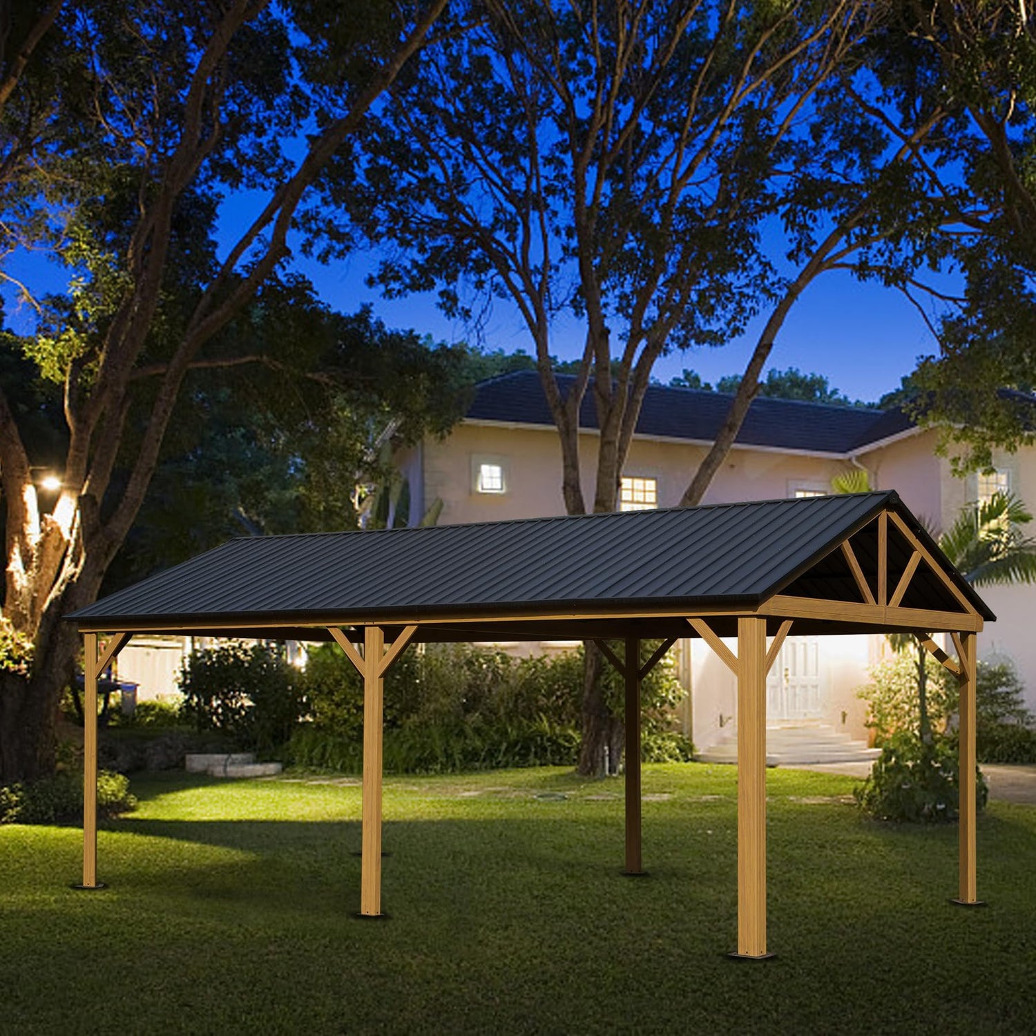 Domi 12' x 20' Hardtop Gazebo with Galvanized Steel Gable Roof, Pergola with Wood-Looking Aluminum Frame, Permanent Pavilion Outdoor Gazebo with domi outdoor living