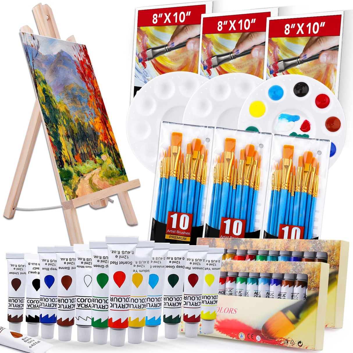 Acrylic Painting Set with 1 Wooden Easel 3 Canvas Panels30 pcs Nylon Hair Brushes 3 PCS Paint Plates and 2 PCS of 12ml Acrylic Paint in 12 Colors for ESRICH