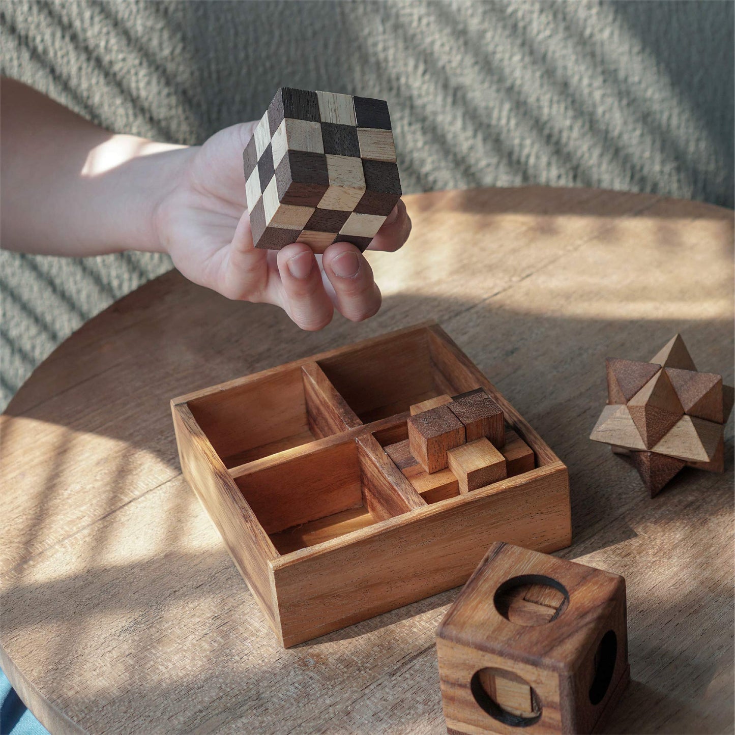 BSIRI Wooden Puzzle Box Set (4 Games) - Challenging Brain Teasers 3D Puzzles for Adults, Interlocking Games for IQ Test. Ideal for Rustic Patio Decor, Unique Gift for Christmas and Birthdays