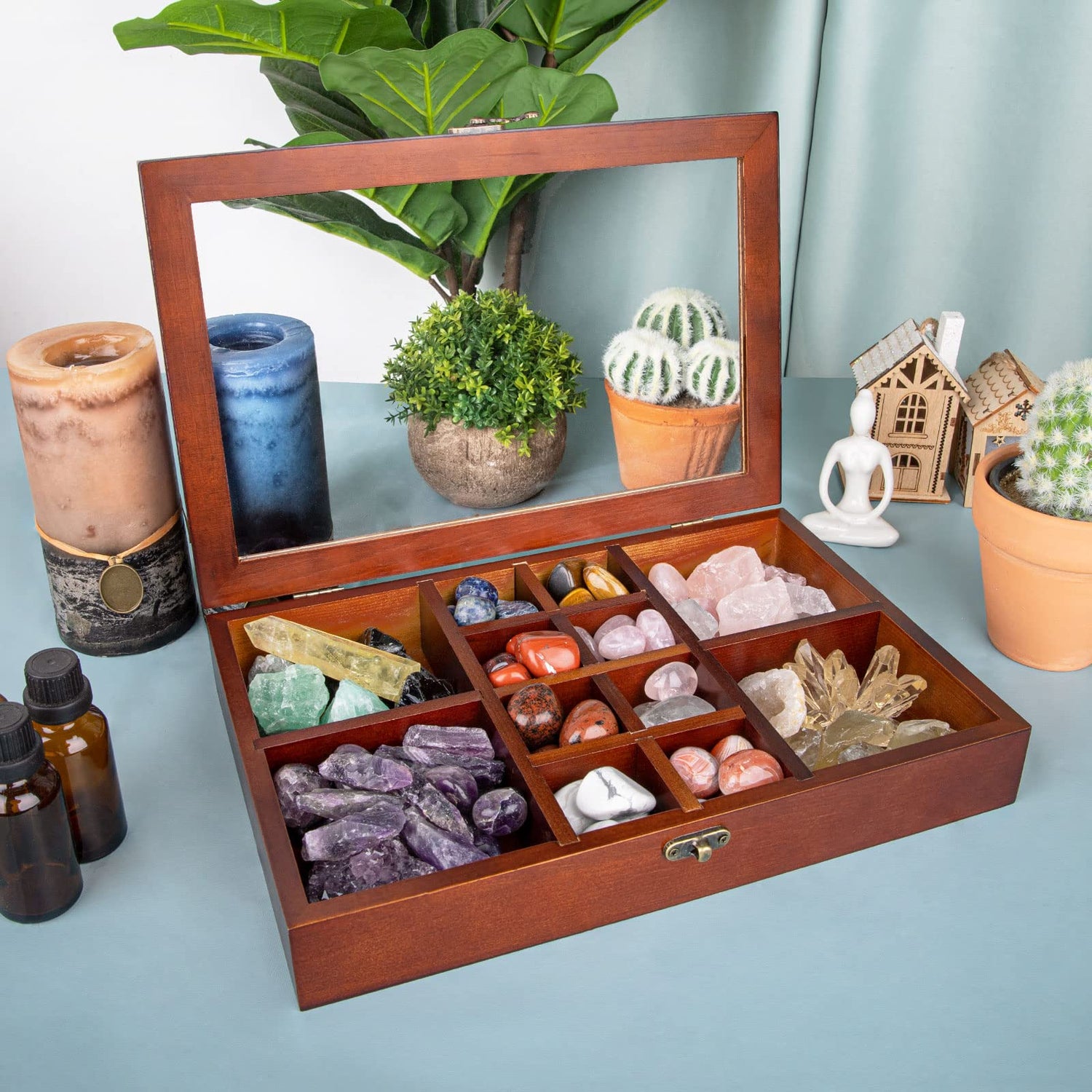 Mooncraftlogy Adjustable Rock Display Case, Crystal Collection Box with Shelves, Wood Witchy Stones Organizer Storage,Gem Holder with Lid for Mooncraftlogy