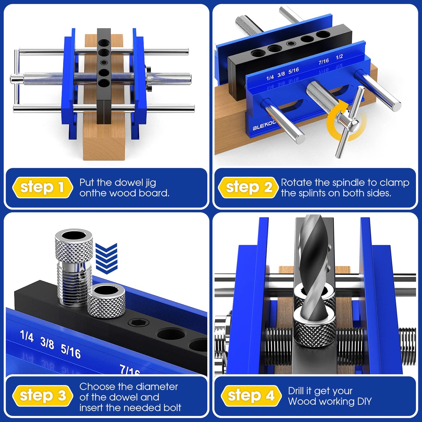 BLEKOO Upgraded 6.7 inch Self Centering Doweling Jig Kit, Drill Jig For Straight Holes Biscuit Joiner Set With 6 Drill Guide Bushings, Adjustable - WoodArtSupply