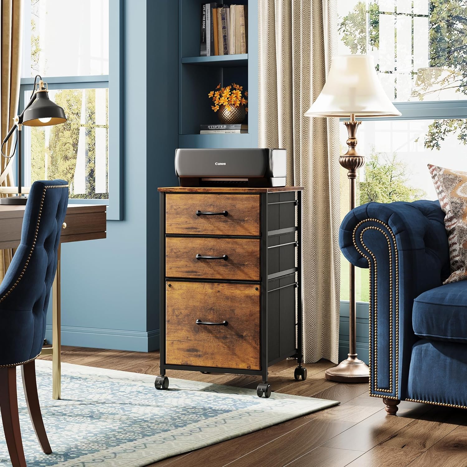 DEVAISE Mobile File Cabinet, Rolling Printer Stand with 3 Drawers, Fabric Vertical Filing Cabinet fits A4 or Letter Size for Home Office, Rustic DEVAISE