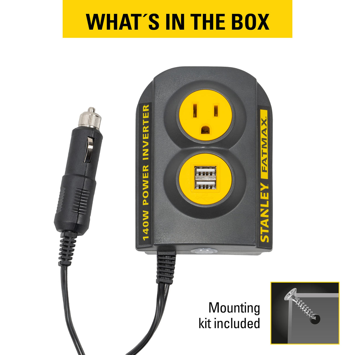 STANLEY FATMAX PCI140 140W Power Inverter: 12V DC to 120V AC Power Outlet with Dual USB Ports STANLEY