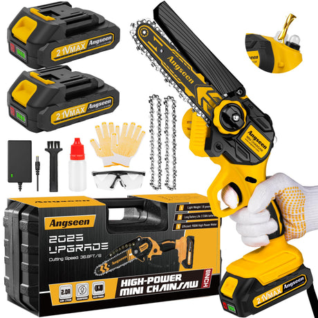 Angseen Mini Chainsaw Cordless 6Inch, Chain Saw Electric Chainsaw Battery Powered with Auto Chain Regulator & Auto Oiler, 800W Super Battery Chainsaw Angseen