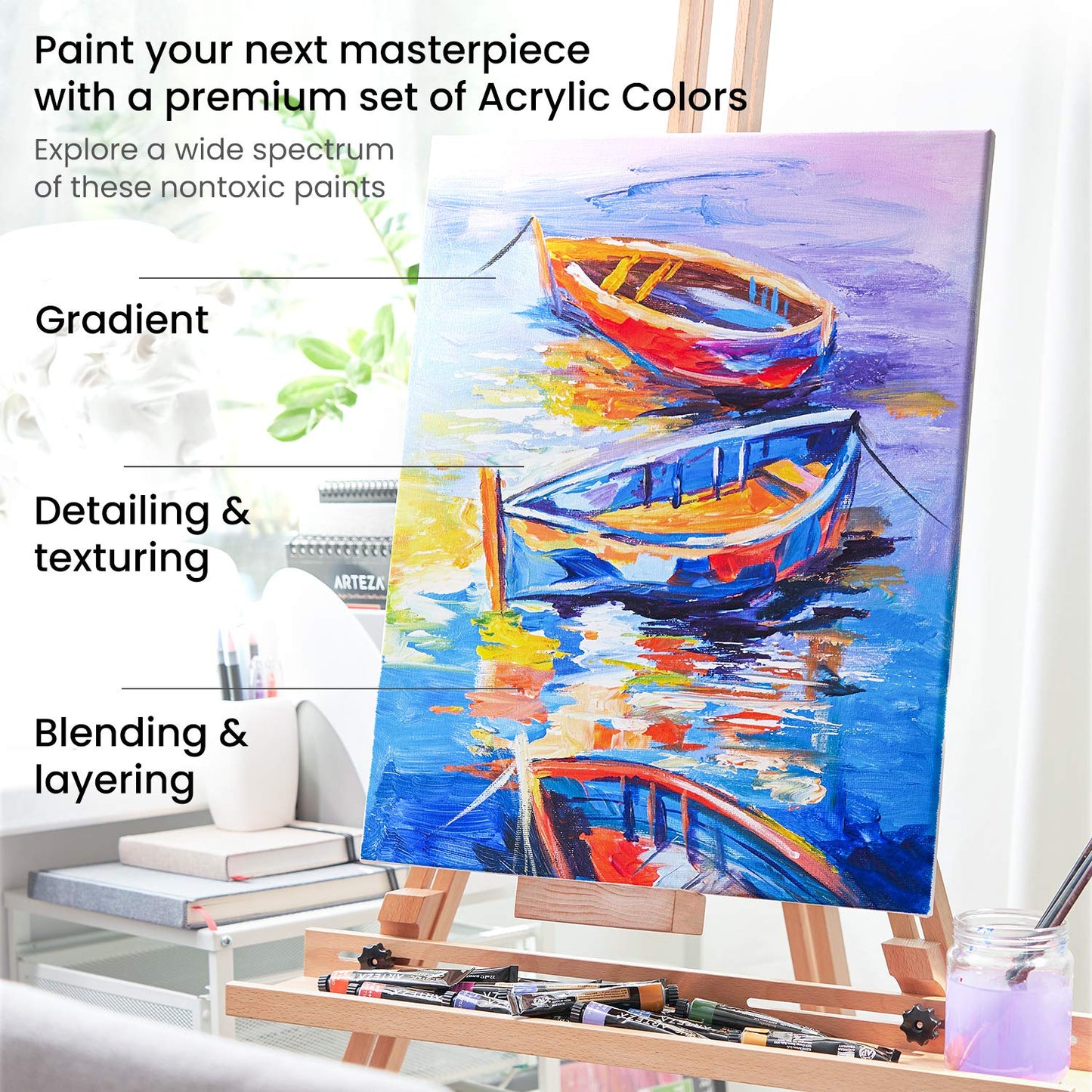 ARTEZA Acrylic Paint, Set of 60 Colors, 0.74 oz/22 ml Tubes, includes 5 Metallic Colors, Rich Pigments, Non-Fading, Non-Toxic Paints for Artist &