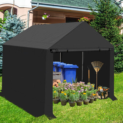 Outdoor 6x8 ft Storage Shed, Canopy Carport Heavy Duty Metal Frame Shelter Tent with Waterproof, UV Resistant Cover, 2 Rollup Zipper Doors for
