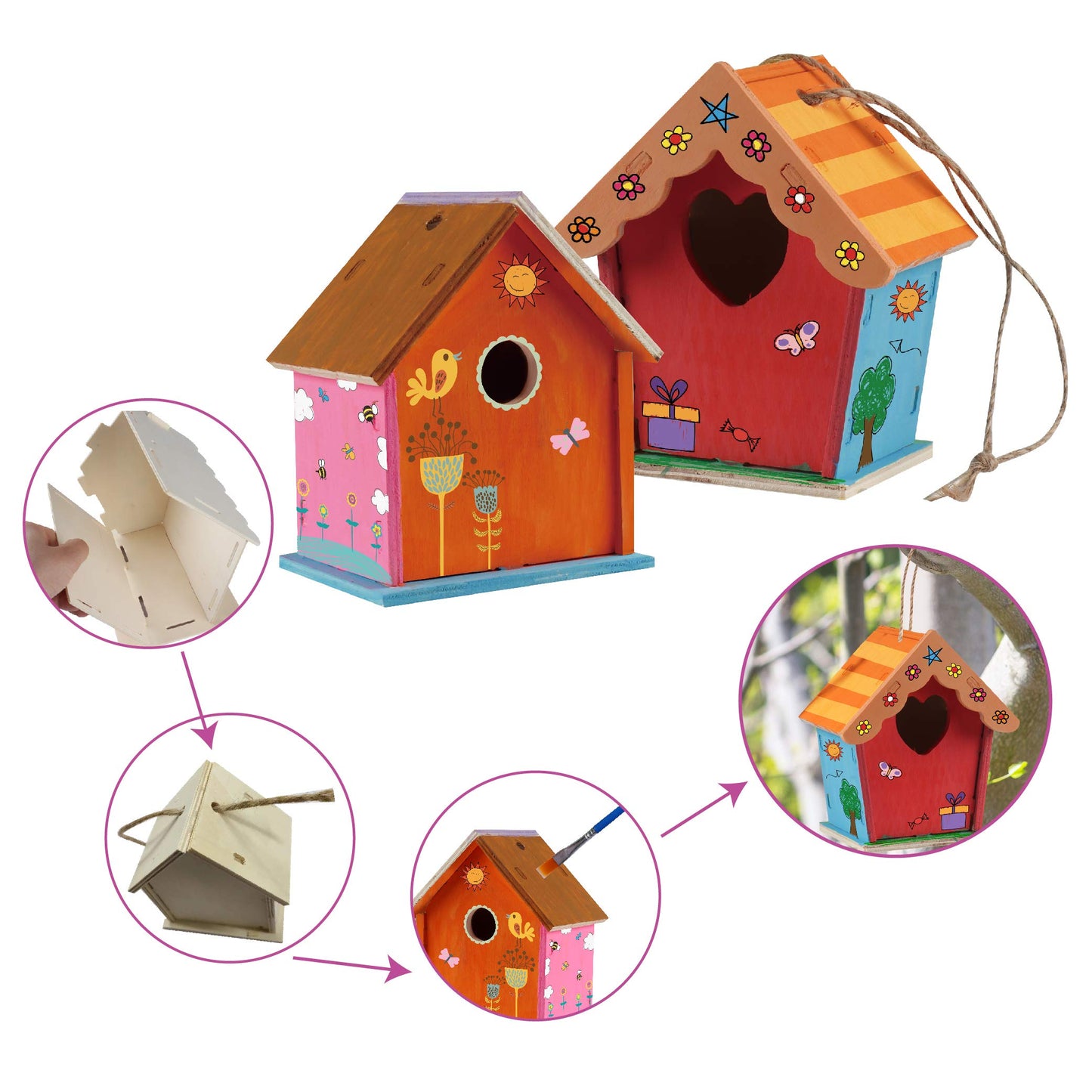 DIY Bird House Kit for Kids, Build Your Own Bird House Kit for Children, Includes 3 Unfinished Birdhouses to Paint and Build, Ropes, 12 Paints,