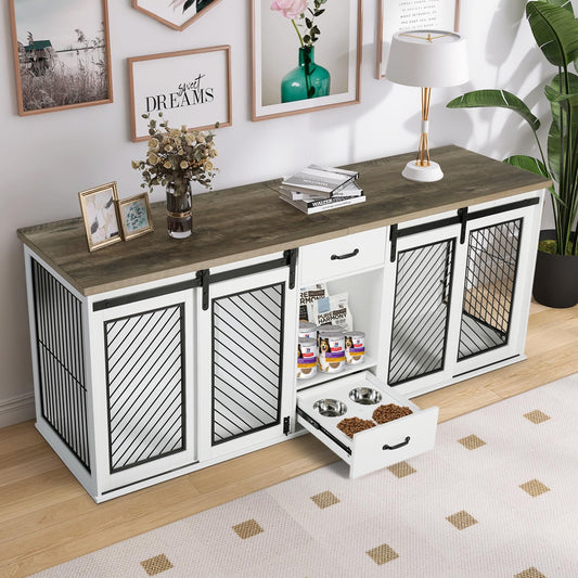 Extra Large Dog Crate Furniture, 85" Sliding Door Double Kennel for 2 Large Dogs Divided, Heavy Duty Wooden Dog Crate Kennel Furniture with 4 Dog - WoodArtSupply