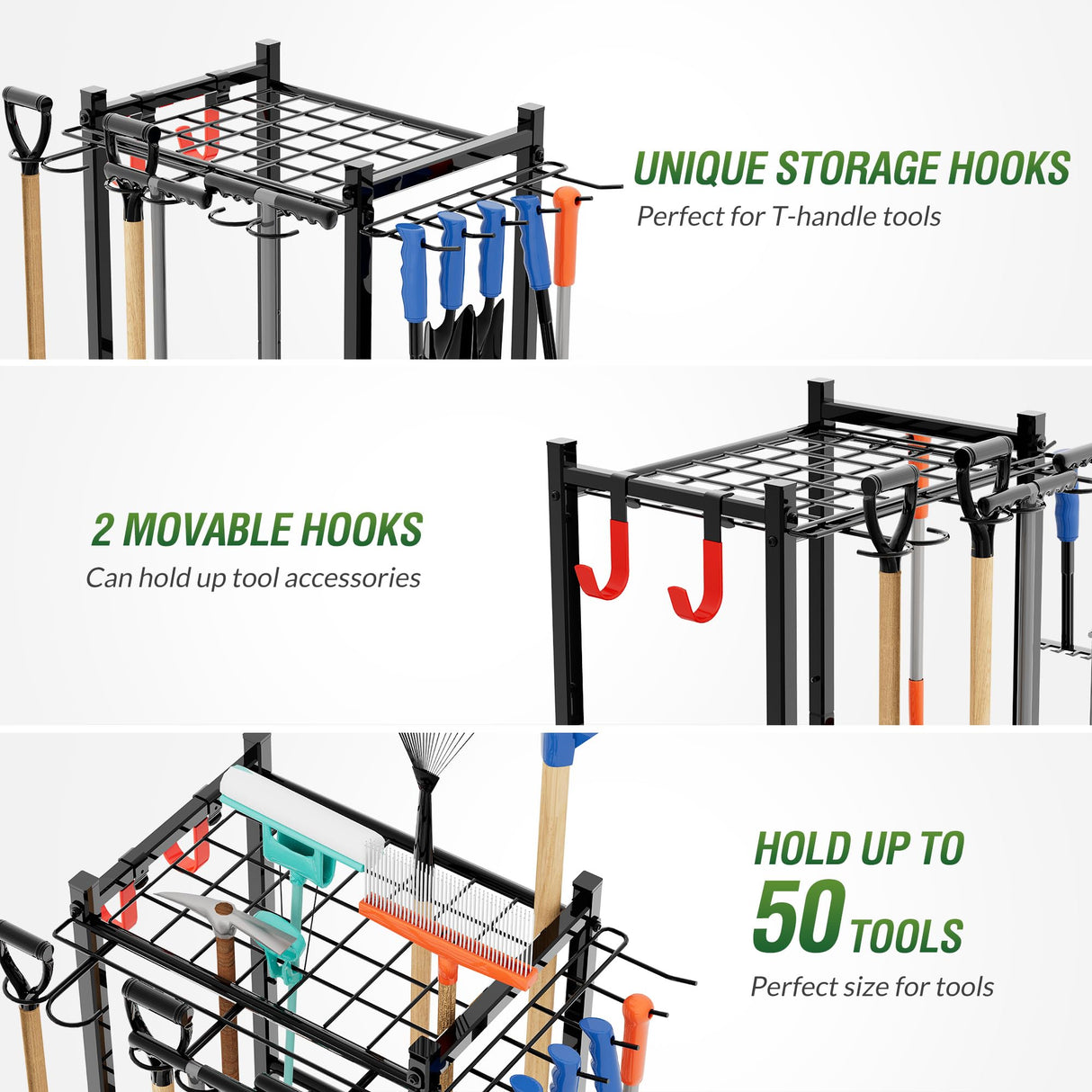 Sttoraboks Garden Tool Organizer with Storage Hooks, Yard Tool Tower Rack for Garage Organization and Storage, Up to 50 Tools, Heavy Duty Steel Sttoraboks