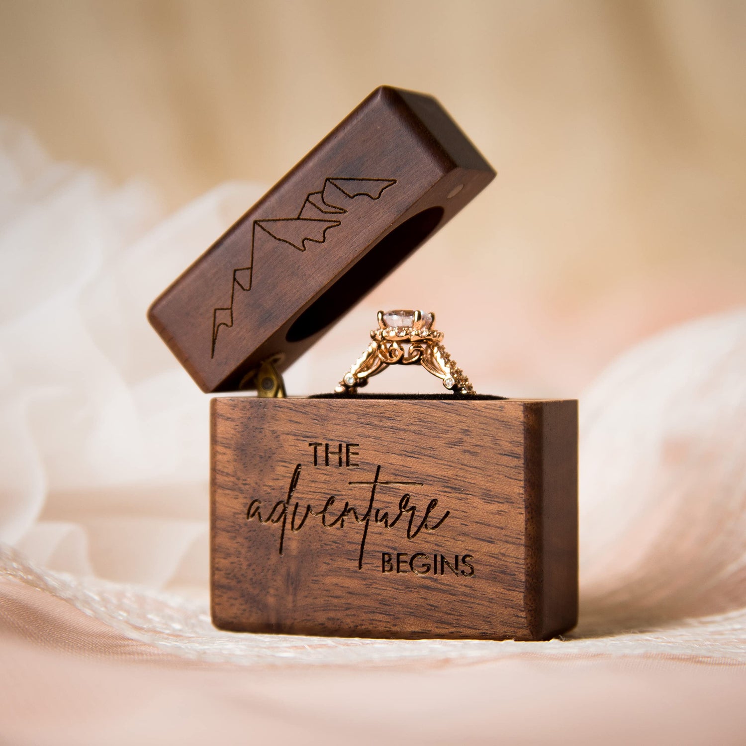 MUUJEE Slim Engagement Ring Box - Engraved Wooden Ring Box for Wedding Ceremony Engagement Proposal, Ring Bearer Box, Christmas Birthday Gift Ideas MUUJEE