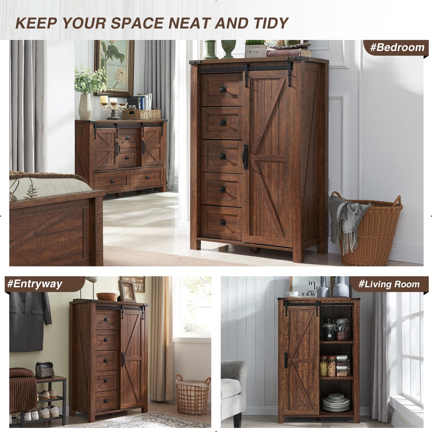 T4TREAM 5 Drawers Dresser for Bedroom w/Sliding Barn Door, Farmhouse Modern Dresser Tall 5 Chest of Drawers, Storage Organizer Dresser for Bedroom, T4TREAM