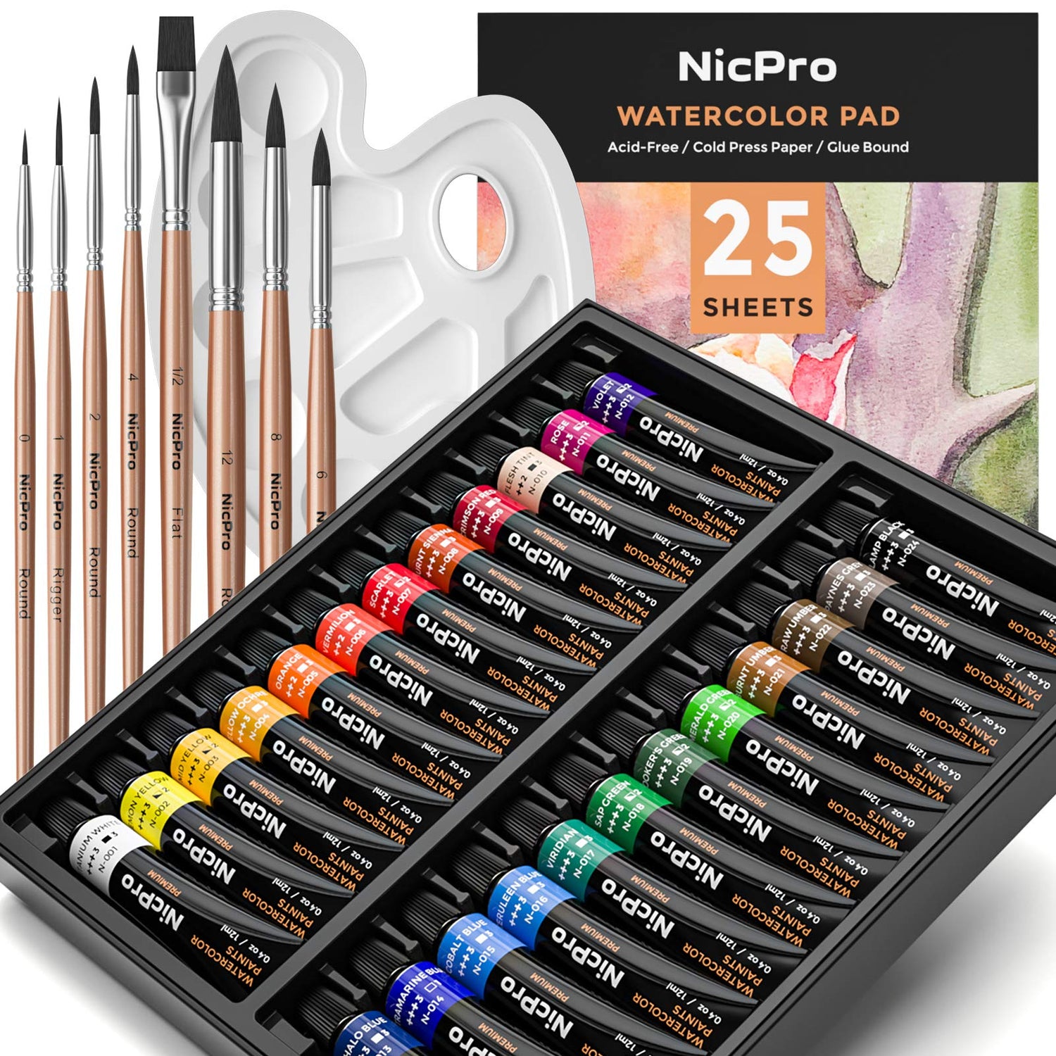 Nicpro 60PCS Watercolor Paint Kit, Professional Painting Supplies Set 24 Tube Water Color Paints, 8 Synthetic Squirrel Brushes, 25 Paper Pad, Nicpro