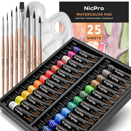 Nicpro 60PCS Watercolor Paint Kit, Professional Painting Supplies Set 24 Tube Water Color Paints, 8 Synthetic Squirrel Brushes, 25 Paper Pad, Nicpro