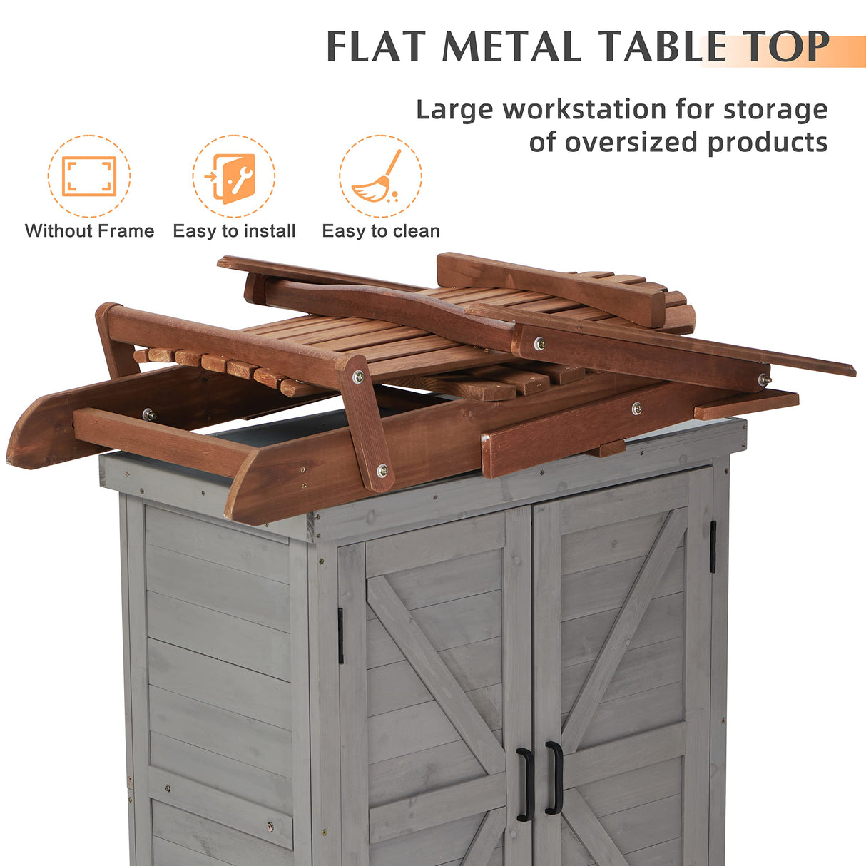 Outdoor Storage Cabinet & Potting Bench Table with Metal Top, Wooden Patio Furniture, Garden Workstation SoliWood