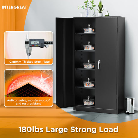 INTERGREAT Metal Storage Cabinet with Lock, 72" H Garage Storage Cabinets with Doors and Adjustable Shelves, Black Lockable Steel Supply Cabinet for INTERGREAT
