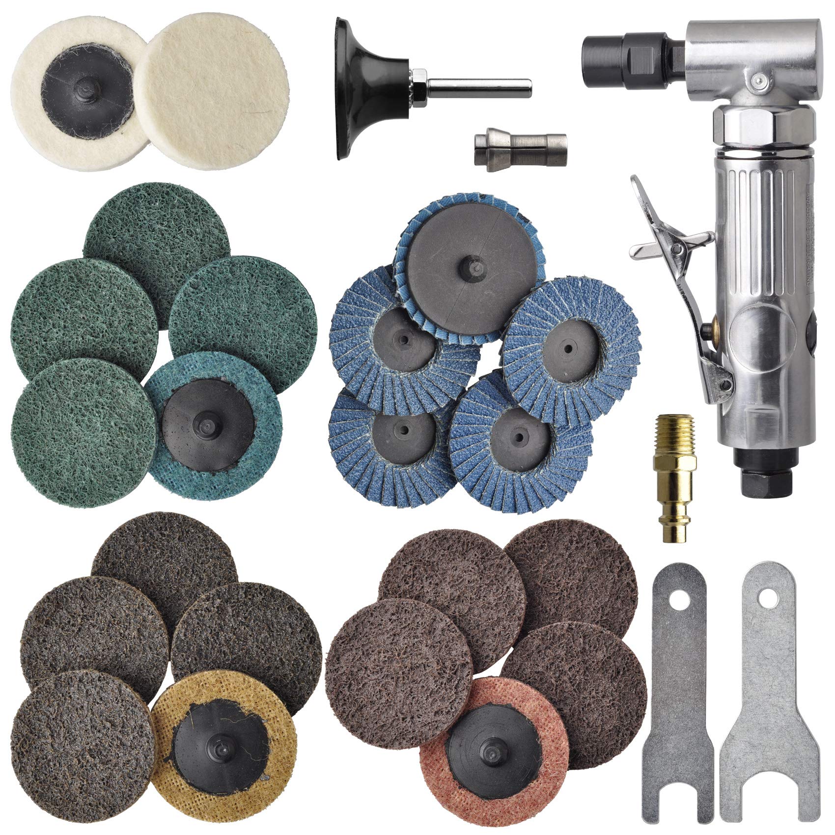 TOOLPEAK 1/4 inch angle air die grinder with 22 pcs 2-inch roll lock sanding discs, polished color angle pneumatic die grinder, air die grinder kit - WoodArtSupply