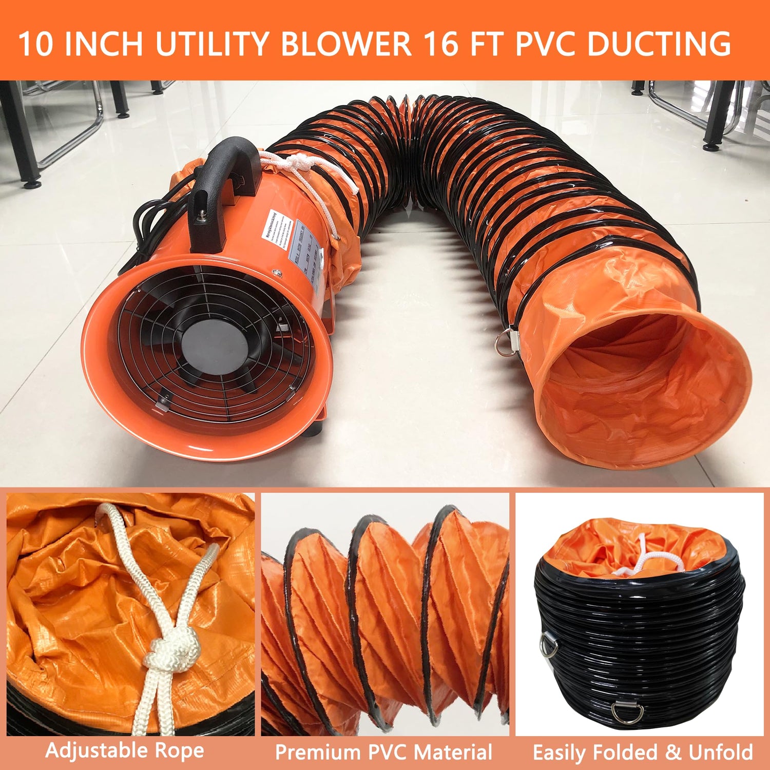 FICBXRA Utility Blower Fan 10 Inch Portable Axial Exhaust Fan 350W 1600CFM High Velocity Ventilator with 16FT Duct Hose for Exhausting & Ventilating FICBXRA