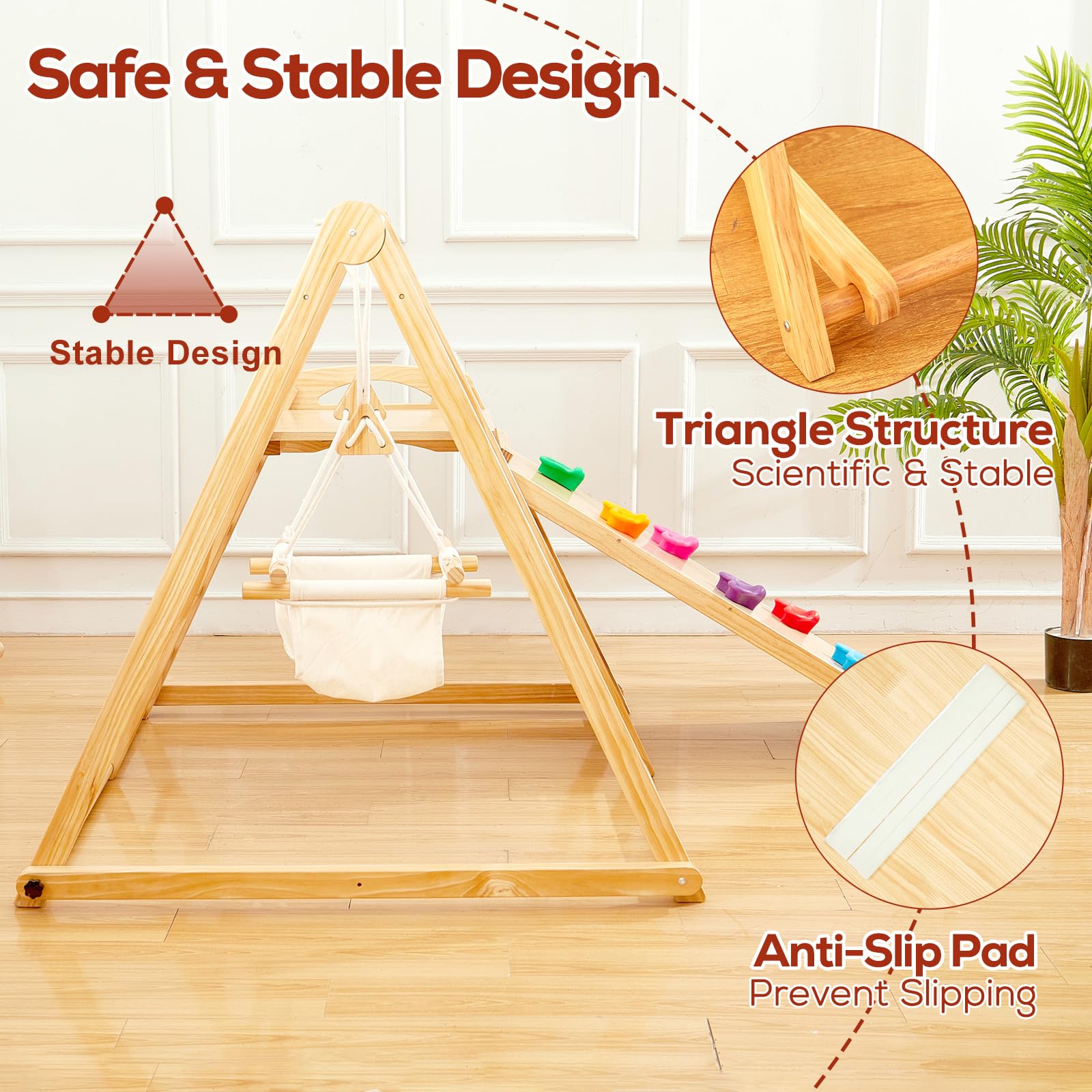 FUNLIO 4-in-1 Wooden Toddler Swing and Slide Set, Foldable Montessori Jungle Gym for Toddlers 0.5-5 Years, Indoor Playground with - WoodArtSupply