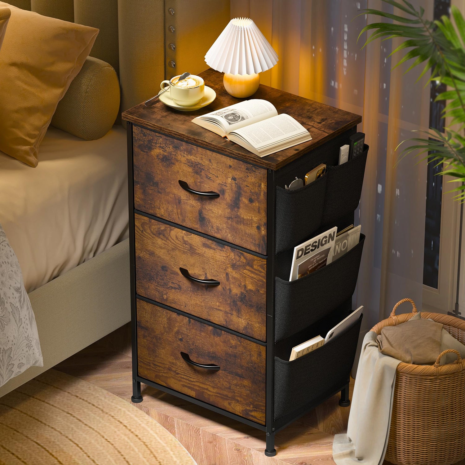 EnHomee Nightstand Set of 2, Night Stand with 3 Drawers for Bedroom, Bedside Table with Wooden Top, Sturdy Steel Frame End Table, Small Dresser for EnHomee