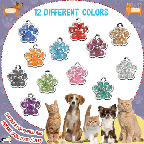 Abbylike 60 Pcs Personalized Dog Tags Blank Pet ID Tags Custom Glitter Paw Pet Tag Cute Metal Cat Name Tag Small DIY Engraved Puppy Name Tag for Dogs Abbylike