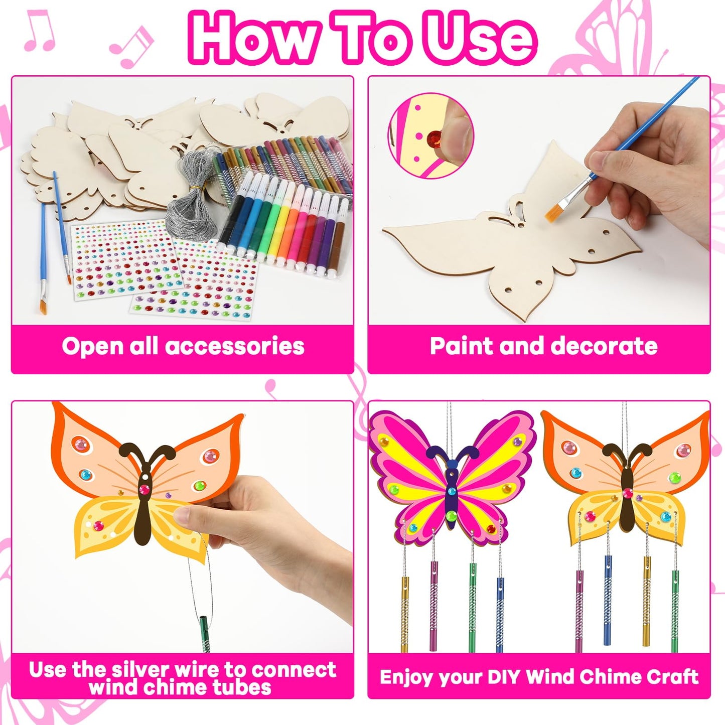 16 Pack Butterfly Wind Chime Kits Butterfly Crafts for Kids Make Your Own Butterfly Wind Chime Wooden DIY Arts and Crafts for Summer Party School