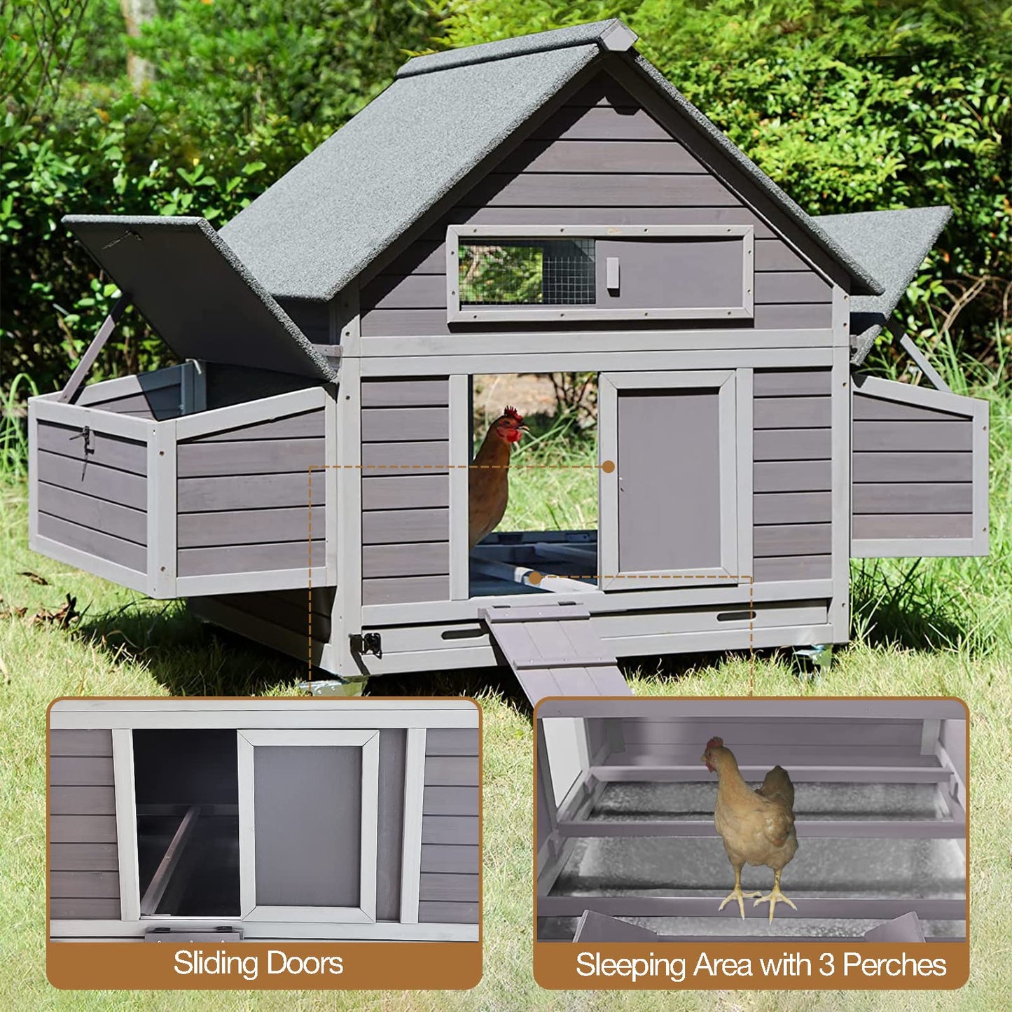 Chicken Coop Poultry Cage on Wheels Outdoor Duck Coop Wooden Hen House with Large Nesting Box, Movable