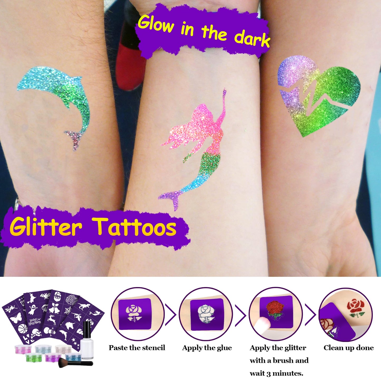 Temporary Shimmer Tattoo Kit for Kids - Glitter Tattoo & Mermaid Glitter Body Art for Girls - Glow in The Dark - Arts & Crafts Gifts for Kids Ages