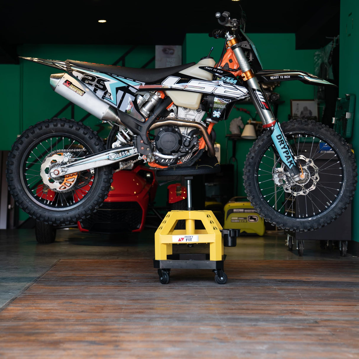 FreekyFit Rolling Shop Stool for Garage with Casters, DO02-Adjustable Height 360° Swivel Shop Seat with Tool Tray Storage, 330 LBS Capacity Padded FreekyFit