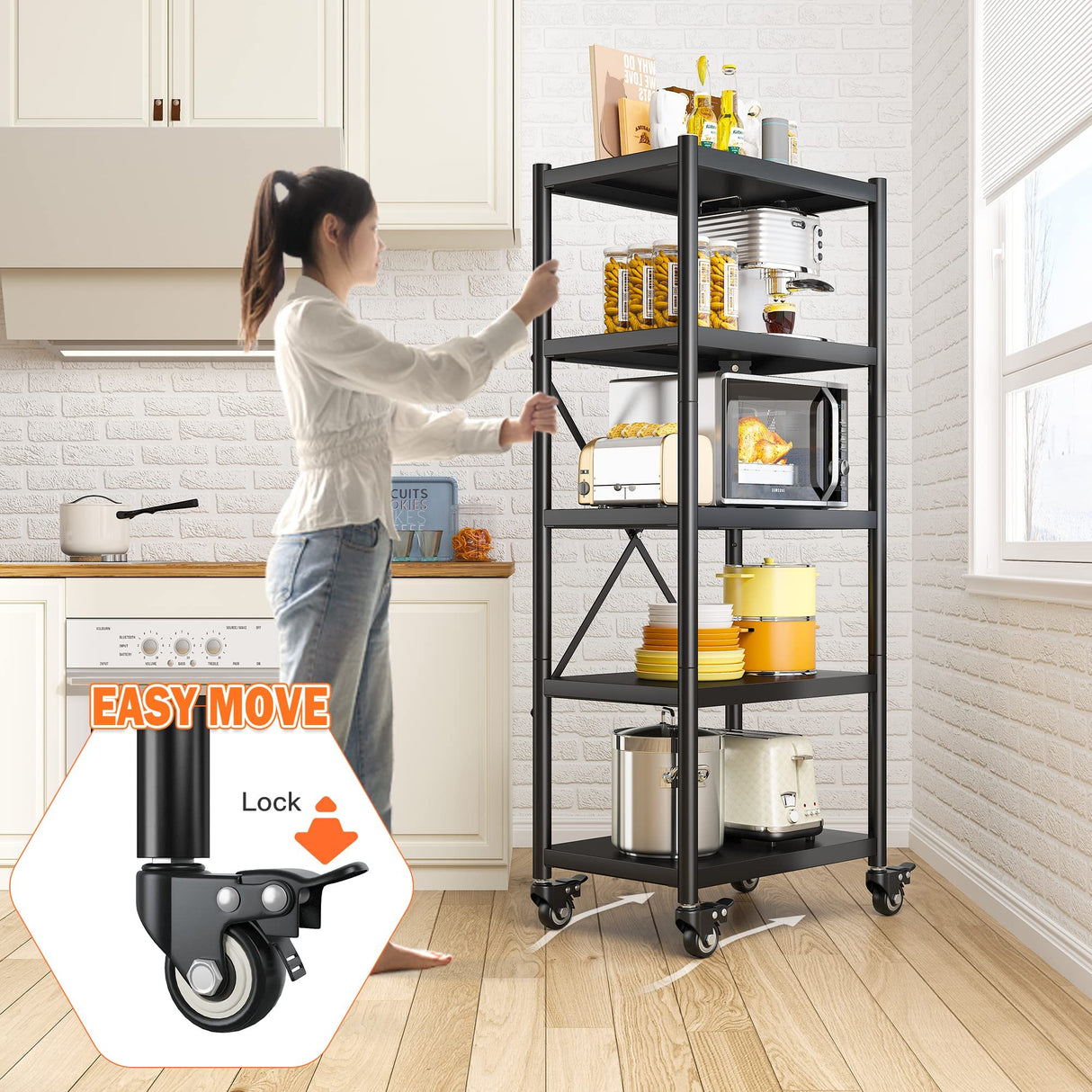 REIBII Storage Shelves for Storage Load 1160LBS,Adjustable Heavy Duty Metal Shelving Unit with Wheels 5-Tier Pantry Shelves Kitchen Shelf Garage REIBII