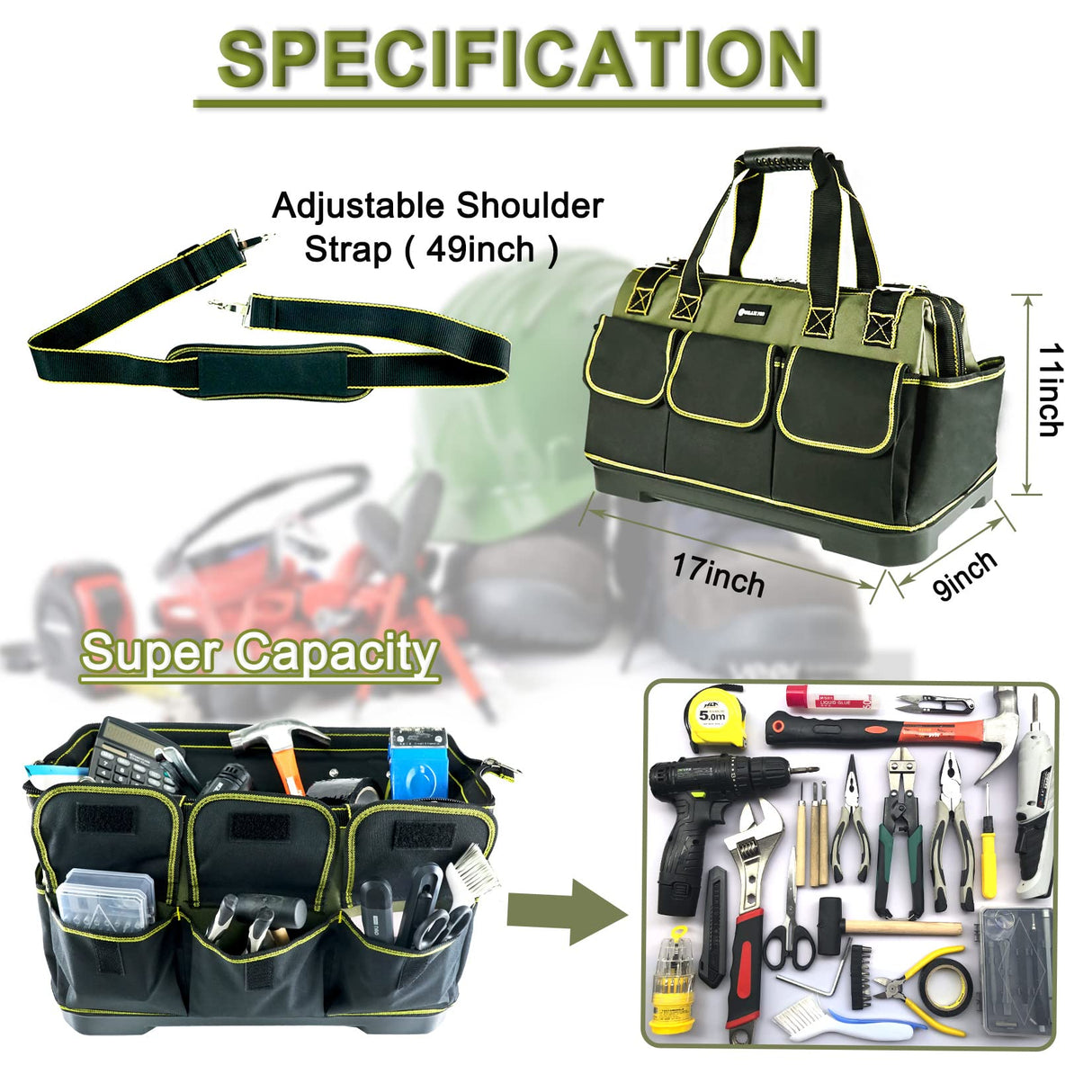 WILAXI PRO 17in Tool Bag For Men Heavy Duty with Waterproof Molded Base, High Capacity Wide Mouth Tote, Construction Worker Electricians Tool Bags, WILAXI PRO