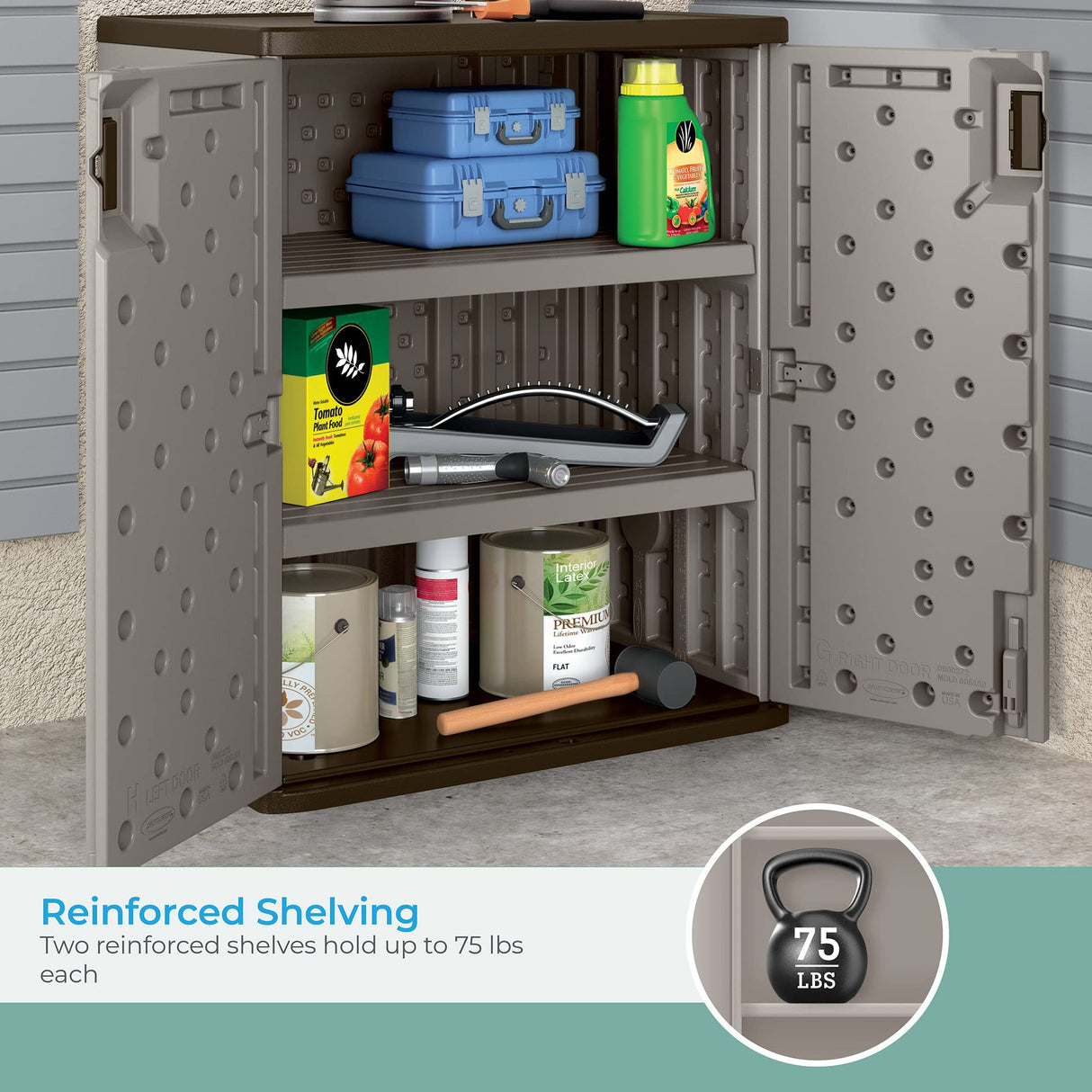 Suncast Heavy Duty Base Construction Storage Garage Organizer with Metal Reinforced Shelving, Low Maintenance, and Double Wall Construction, Silver Suncast