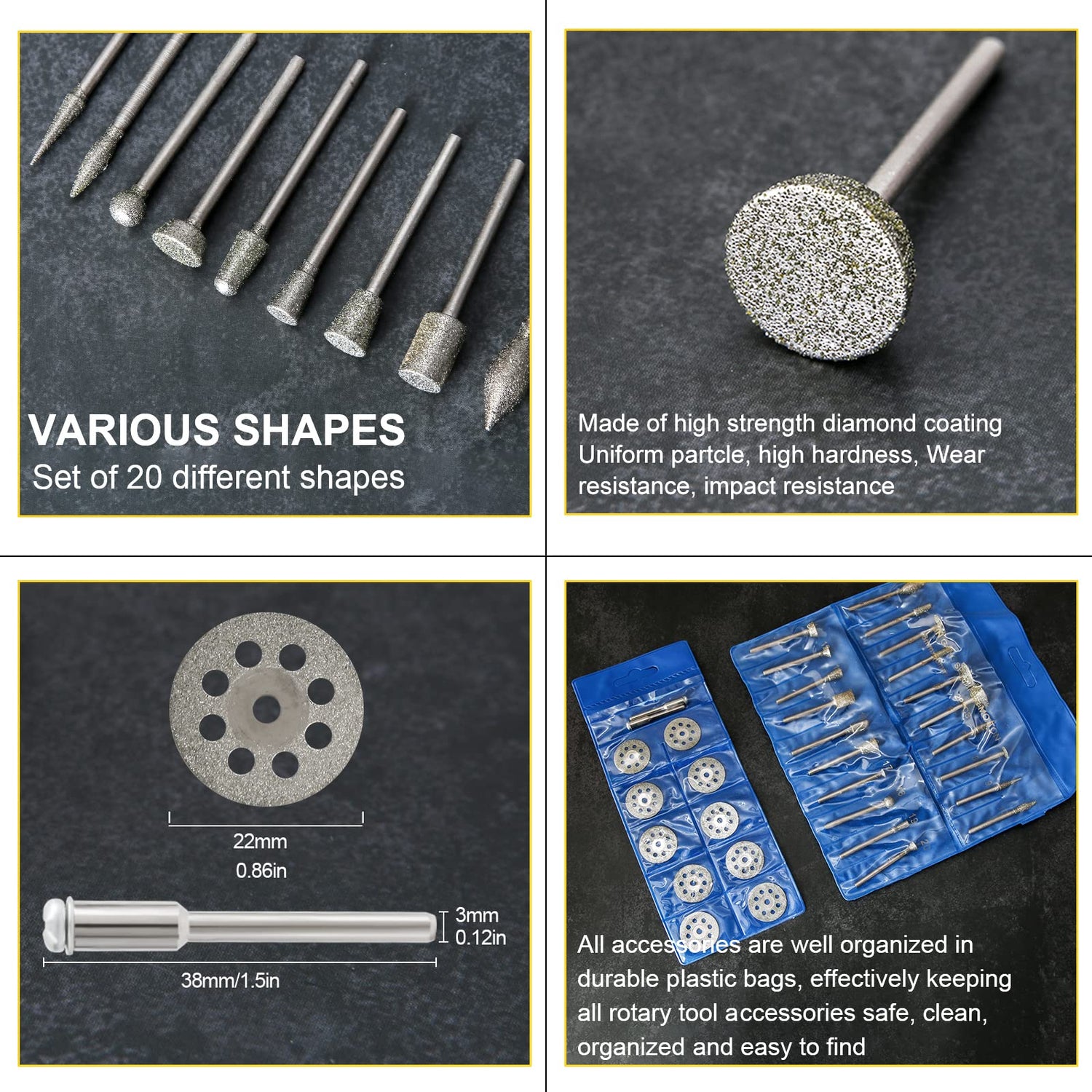 Diamond Burr Set for Dremel, Rotary Tool Grinding Cutting Wheel Stone Glass Tile Jewelry Engraving Rock Etching Masonry 1/8” Die Grinder Carving HOMEIDOL