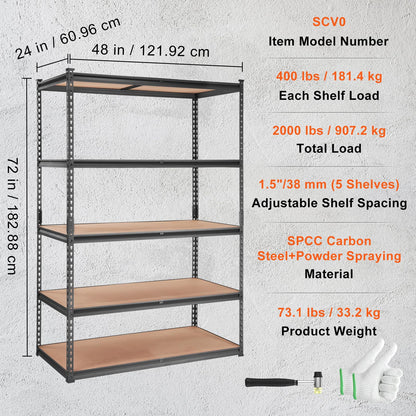 VEVOR Storage Shelving Unit, 5-Tier Adjustable, 2000 lbs Capacity, Heavy Duty Garage Shelves Metal Organizer Utility Rack, Black, 48" L x 24" W x 72"