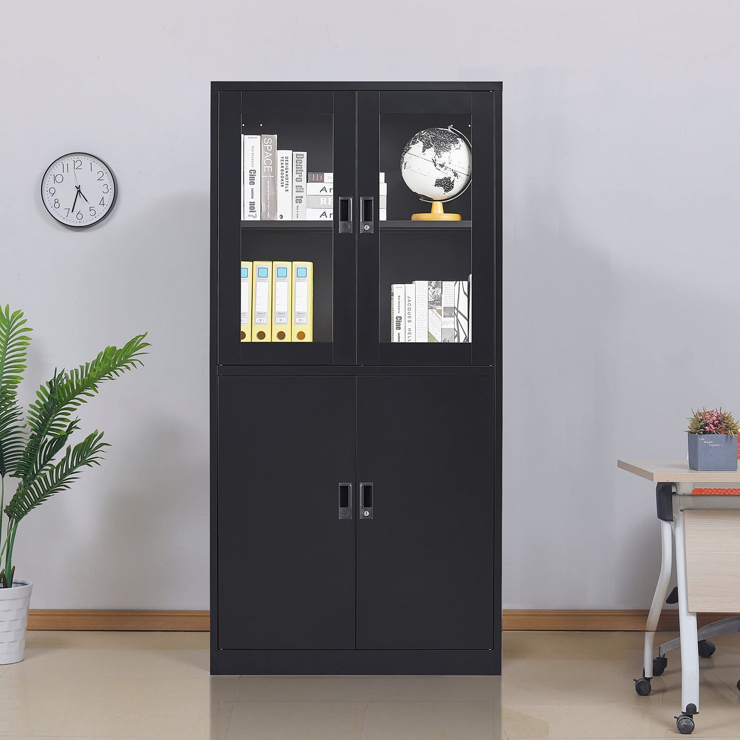 Anxxsu Black Metal Storage Cabinet with Glass Doors, 71" Locking Glass Door Cabinet with 2 Adjustable Shelves, Steel Storage Cabinet with 4 Doors for