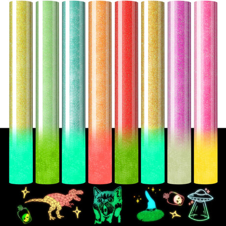 Glitter Glow in Dark Permanent Vinyl Iron on Shirts, Heflashor Glow in The Dark HTV Vinyl for Party Luminous Heat Transfer Vinyl Sheets Bundle, 12"x Heflashor