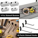 Yaocom 94 Pcs Slatwall Accessory 4 Metal Slatwall Baskets 90 Slatwall Hooks 4'' 6'' 8'' Slat Wall Hooks Hanging Storage Baskets for Shops Rooms Yaocom