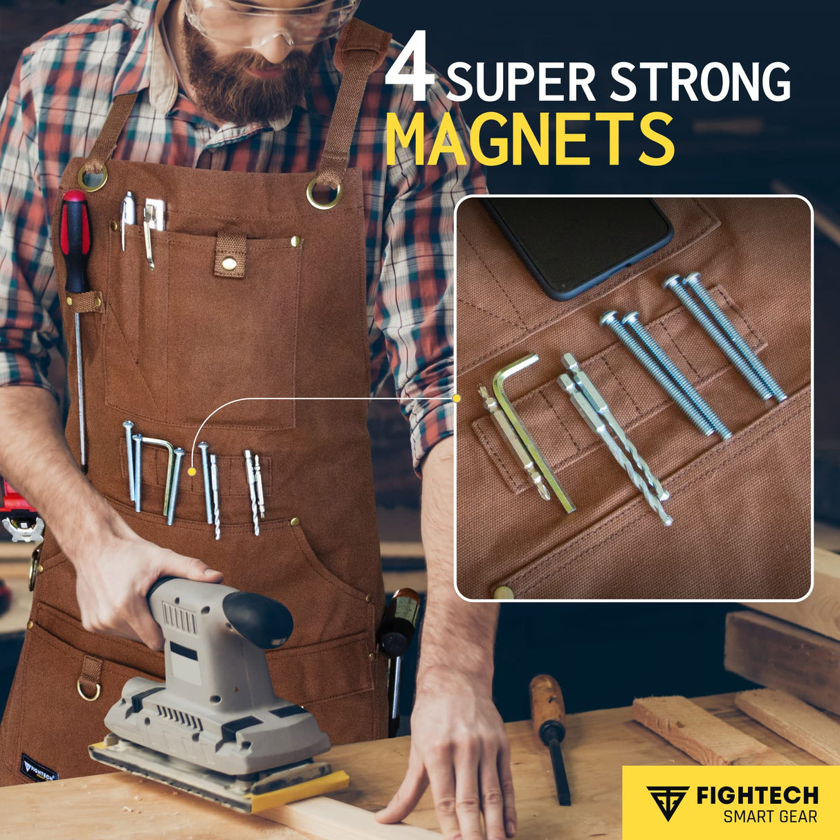FIGHTECH® Waxed Canvas Apron with Tool Pockets | Work Apron w Kevlar Stitching | Woodworking Shop Apron | Adjustable M-XXL (Brown, Canvas) FIGHTECH